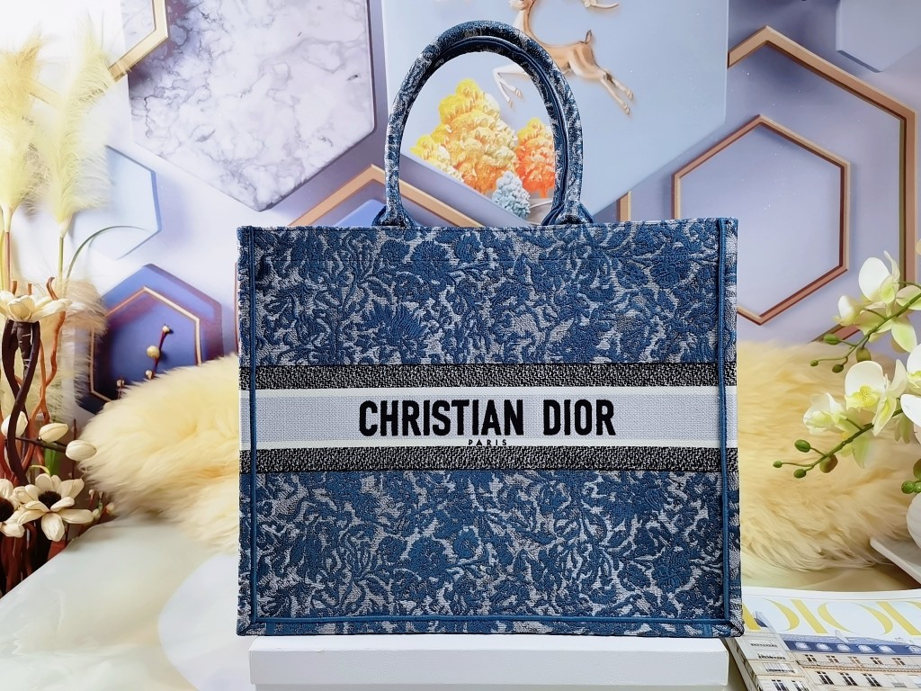 [TOP] Christian Dior Book Tote Handbag Denim Dior Brocart Blue Pattern Embroidery 36.5cm/41.5cm