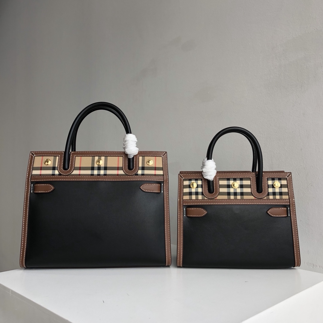 [TOP] BURBERRY Vintage Plaid Double Handle Leather Bag - 2 Size - Black