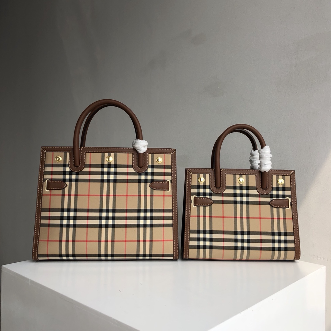 [TOP] BURBERRY Vintage Plaid Double Handle Leather Bag - 2 Size - Beige