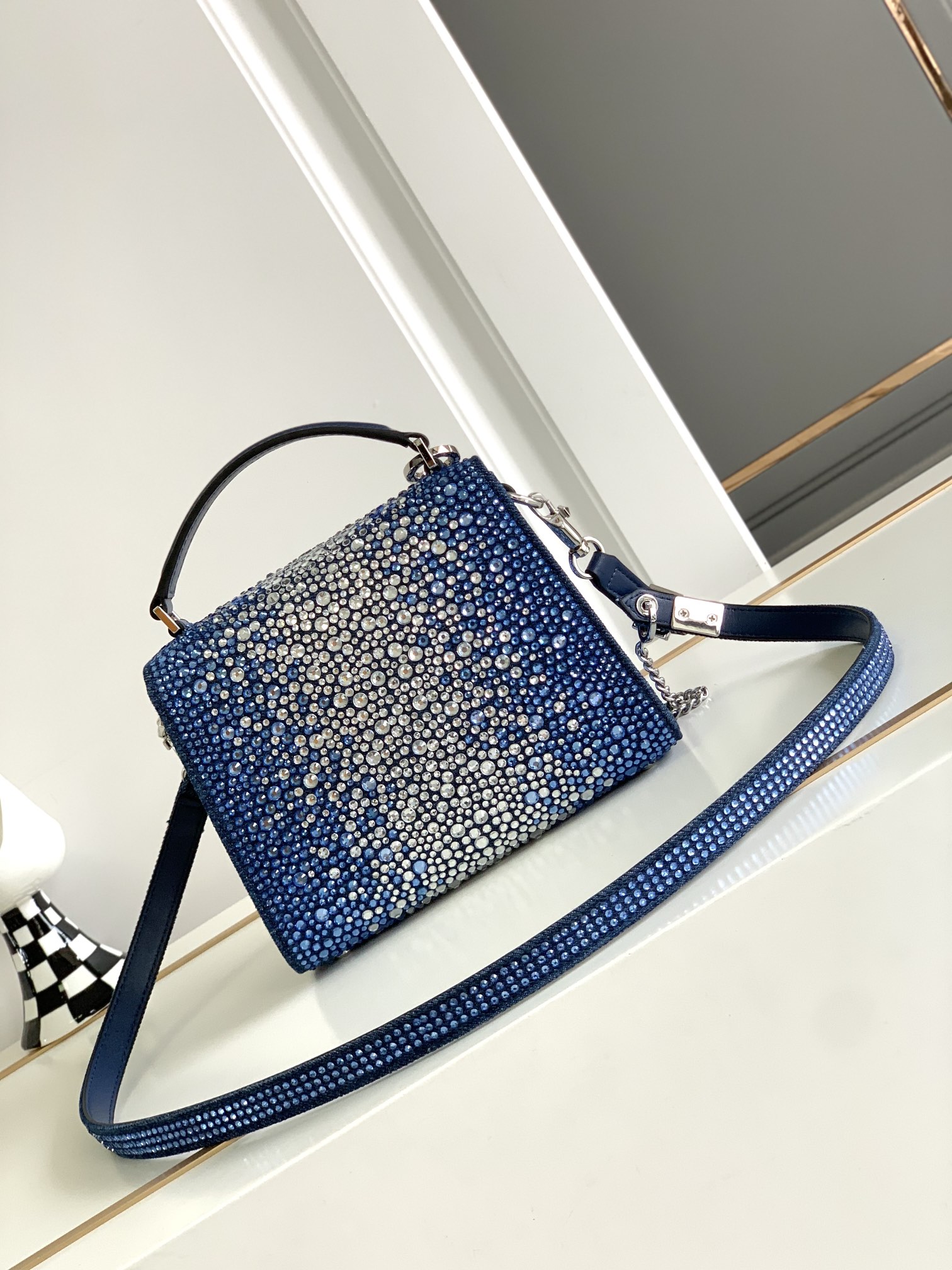 [TOP] VALENTINO Garavani Vsling Bag Denim Decorated with Crystals Mini 19x13x9cm - Blue Jeans