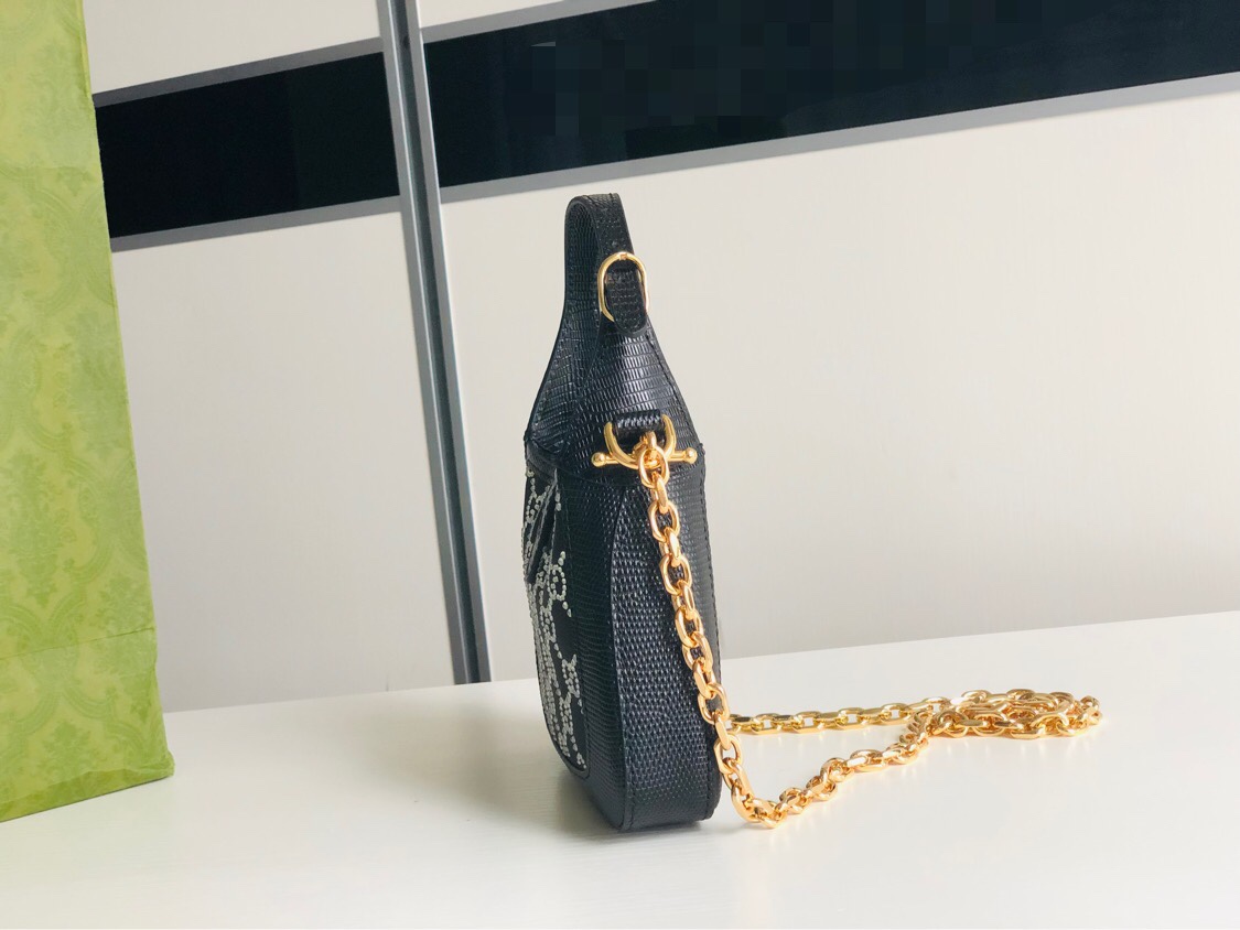 [TOP] GUCCI Jackie 1961 Tote Bag Diamond with Lizard Skin Mini 19x13x3cm - Black