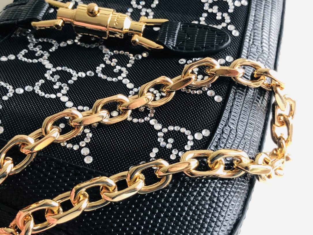 [TOP] GUCCI Jackie 1961 Tote Bag Diamond with Lizard Skin Mini 19x13x3cm - Black
