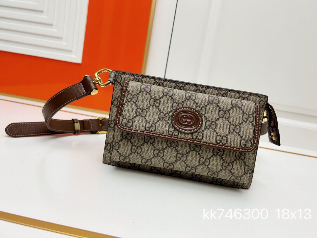 [TOP] GUCCI Interlocking Double G Logo GG Waist Pack - 18x13x5CM - Brown
