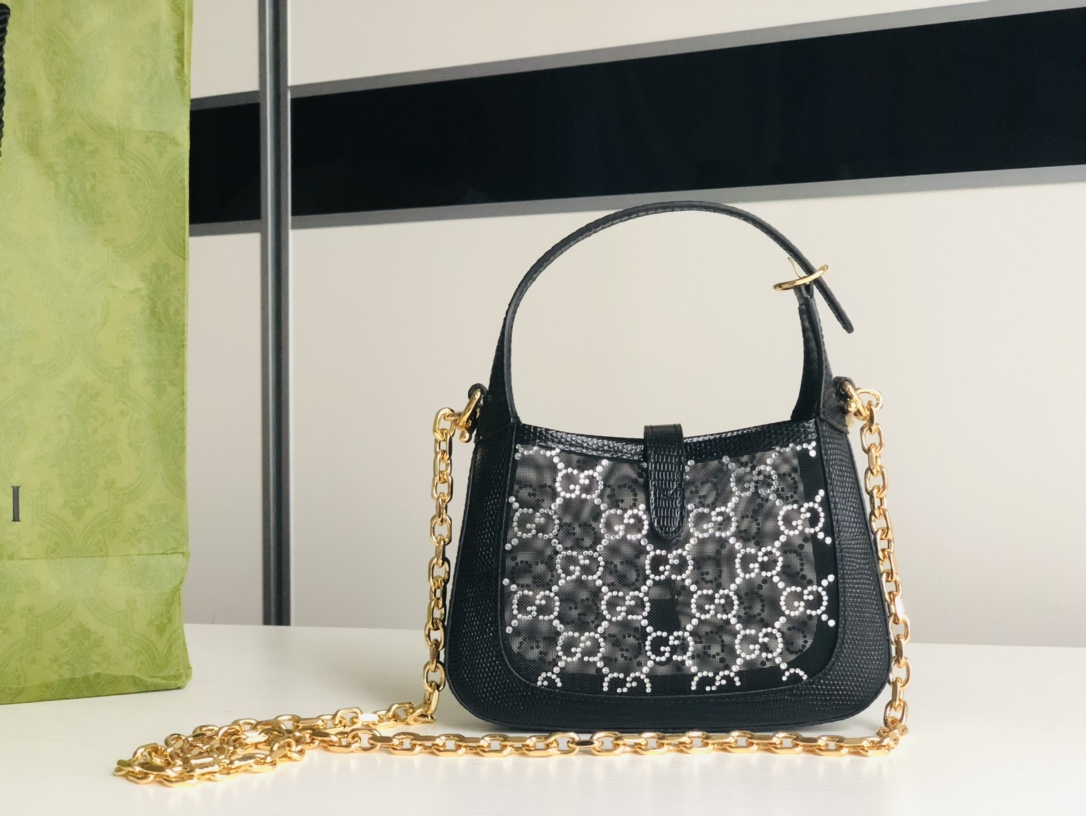 [TOP] GUCCI Jackie 1961 Tote Bag Diamond with Lizard Skin Mini 19x13x3cm - Black