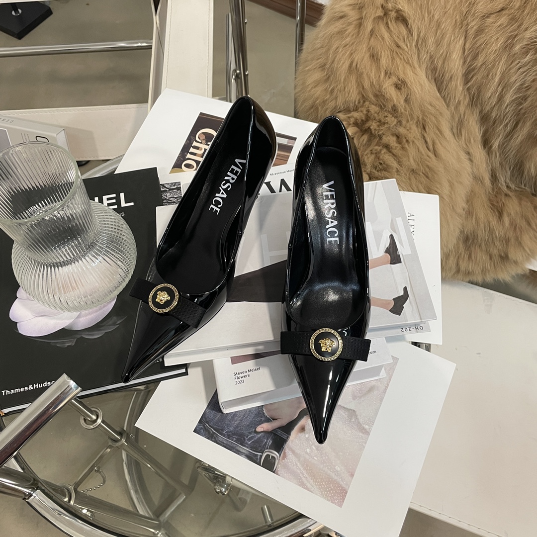 [TOP] VERSACE Butterfly Knot Cattle Patent Leather High - Heeled Shoes - 7.5CM - 5 Colors