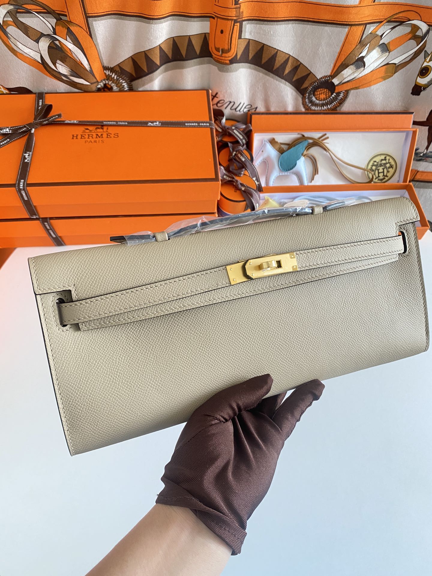 [TOP] HERMES Kelly Cut Epsom 31CM - Elephant Grey - GHW&SHW