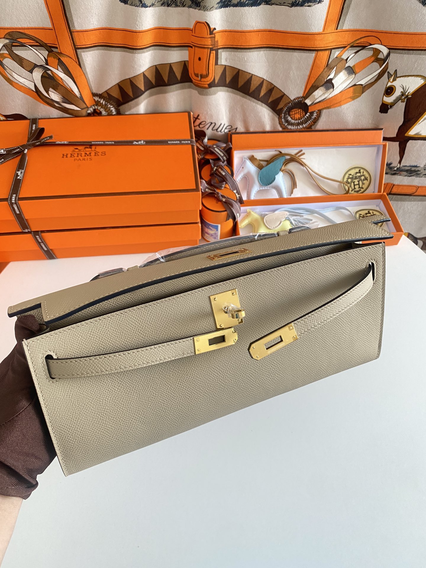 [TOP] HERMES Kelly Cut Epsom 31CM - Elephant Grey - GHW&SHW