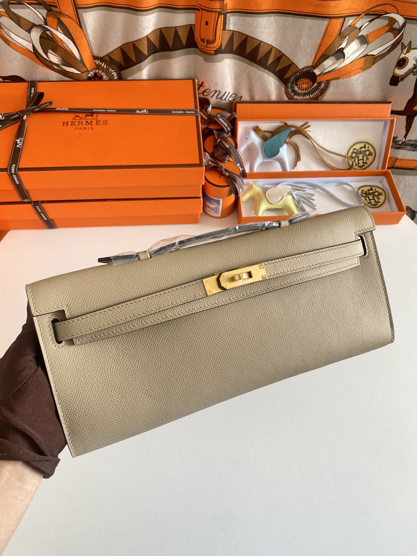 [TOP] HERMES Kelly Cut Epsom 31CM - Elephant Grey - GHW&SHW