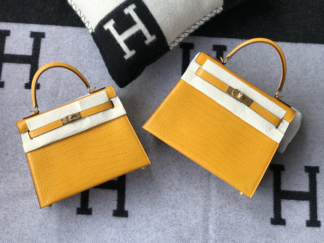 [TOP] HERMES Kelly Crocodile Printed Calfskin 25CM & 28CM - Yellow & SHW