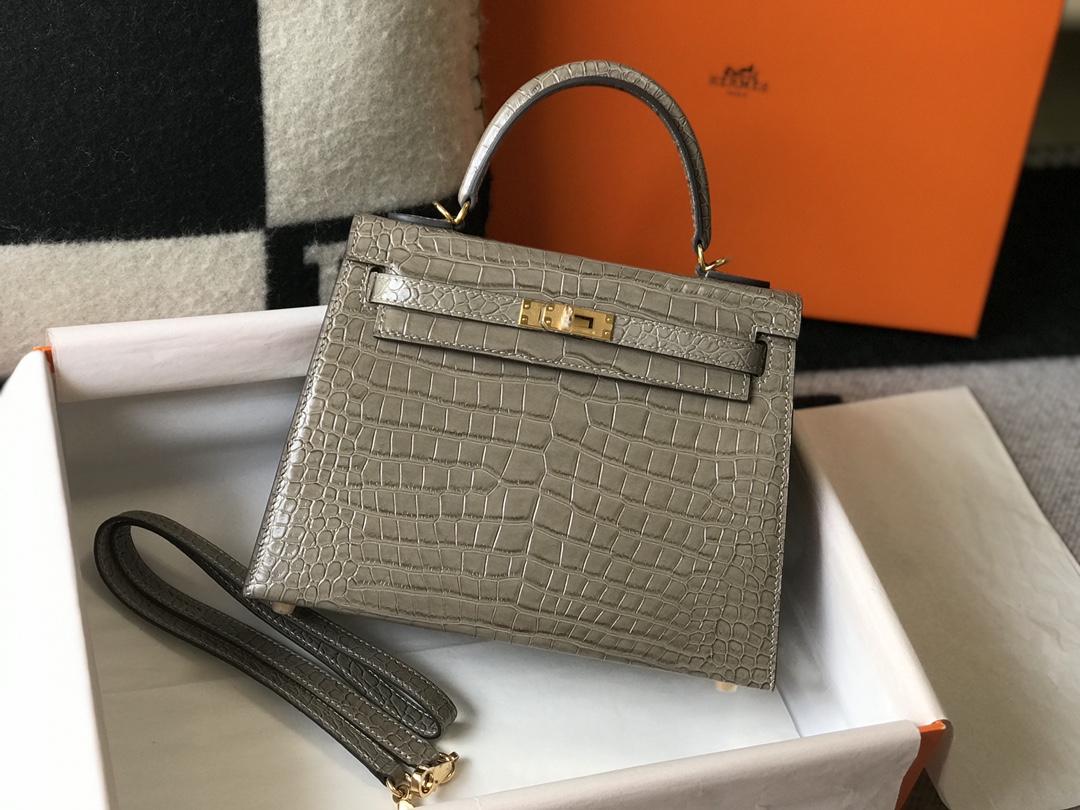 [TOP] HERMES Kelly Crocodile Printed Calfskin 25CM & 28CM - Elephant Grey & SHW