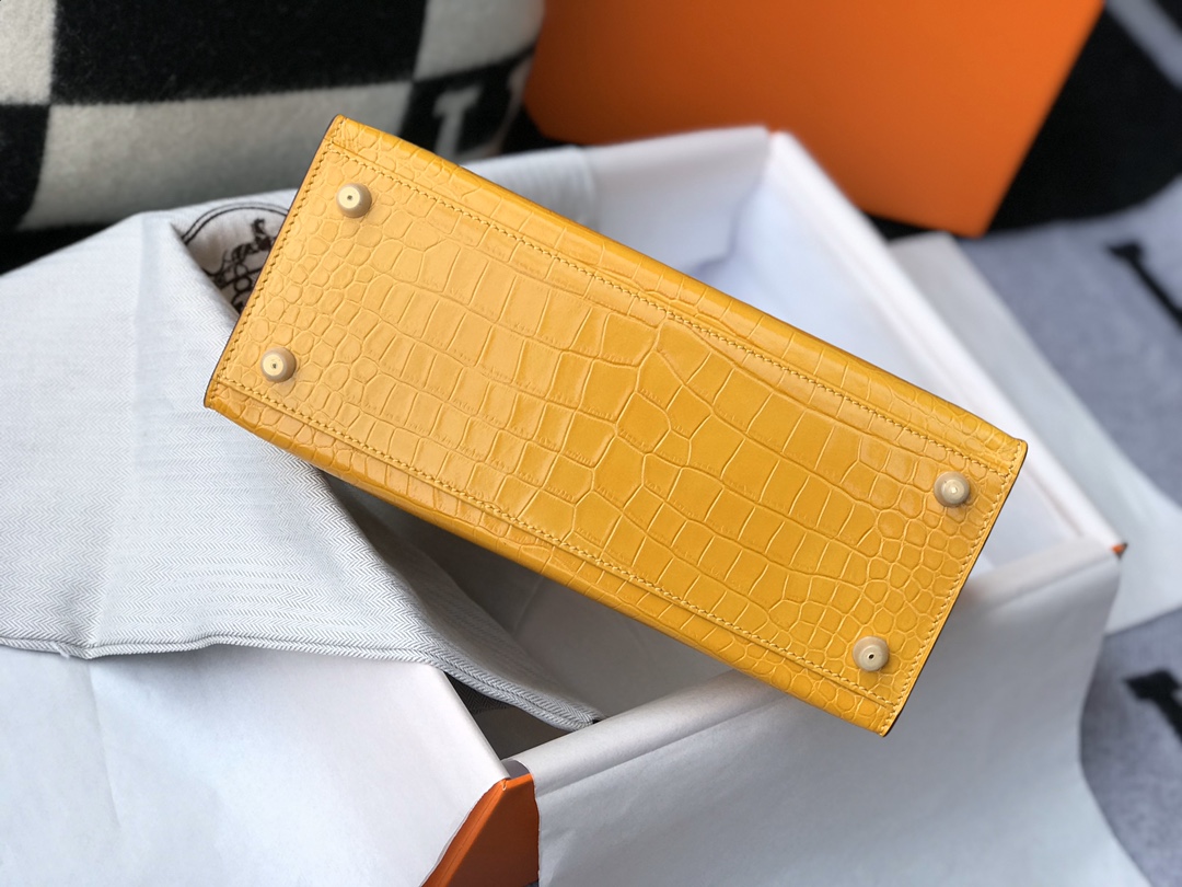 [TOP] HERMES Kelly Crocodile Printed Calfskin 25CM & 28CM - Yellow & SHW