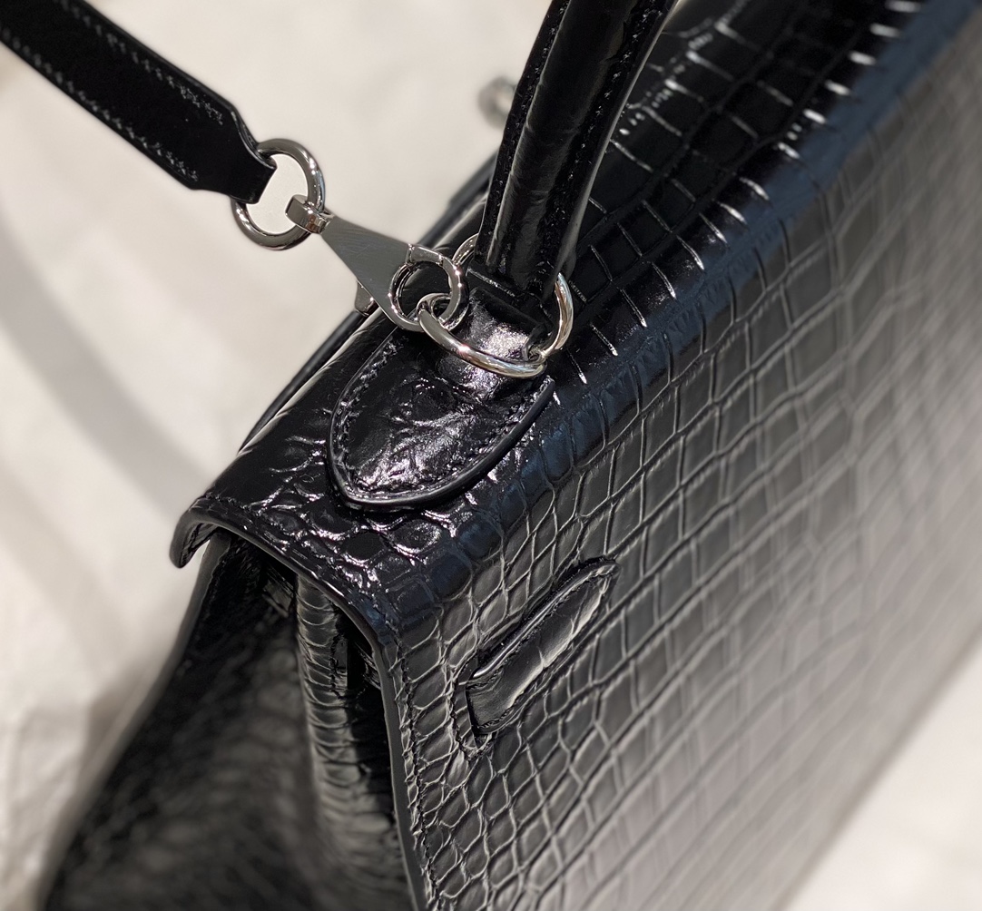 [TOP] HERMES Kelly Crocodile Printed Calfskin 25CM & 28CM - Black & SHW/GHW