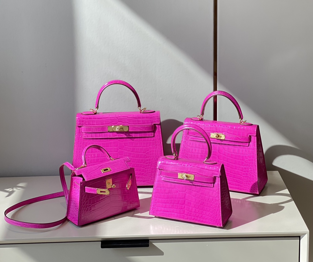 [TOP] HERMES Kelly Crocodile Printed Calfskin 19CM/20CM/25CM/28CM - 4 Size - Rose & GHW