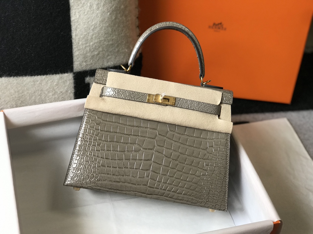 [TOP] HERMES Kelly Crocodile Printed Calfskin 25CM & 28CM - Elephant Grey & SHW