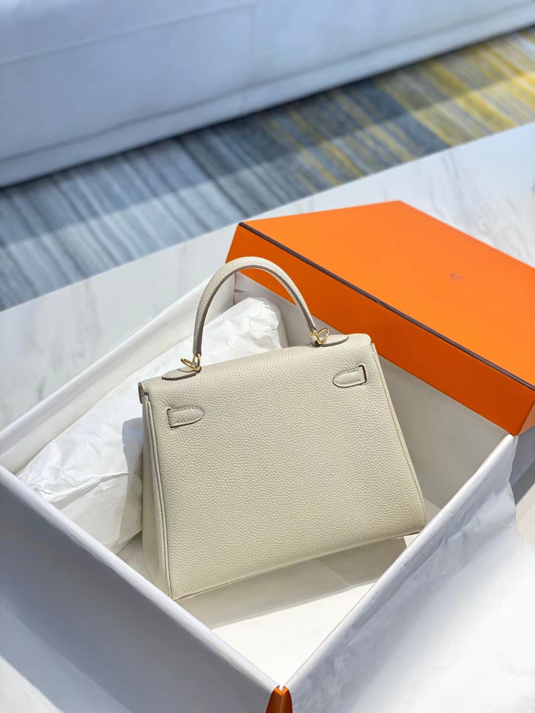 [TOP] HERMES Togo Leather Kelly Bag 28 cm - Light Cream & GHW