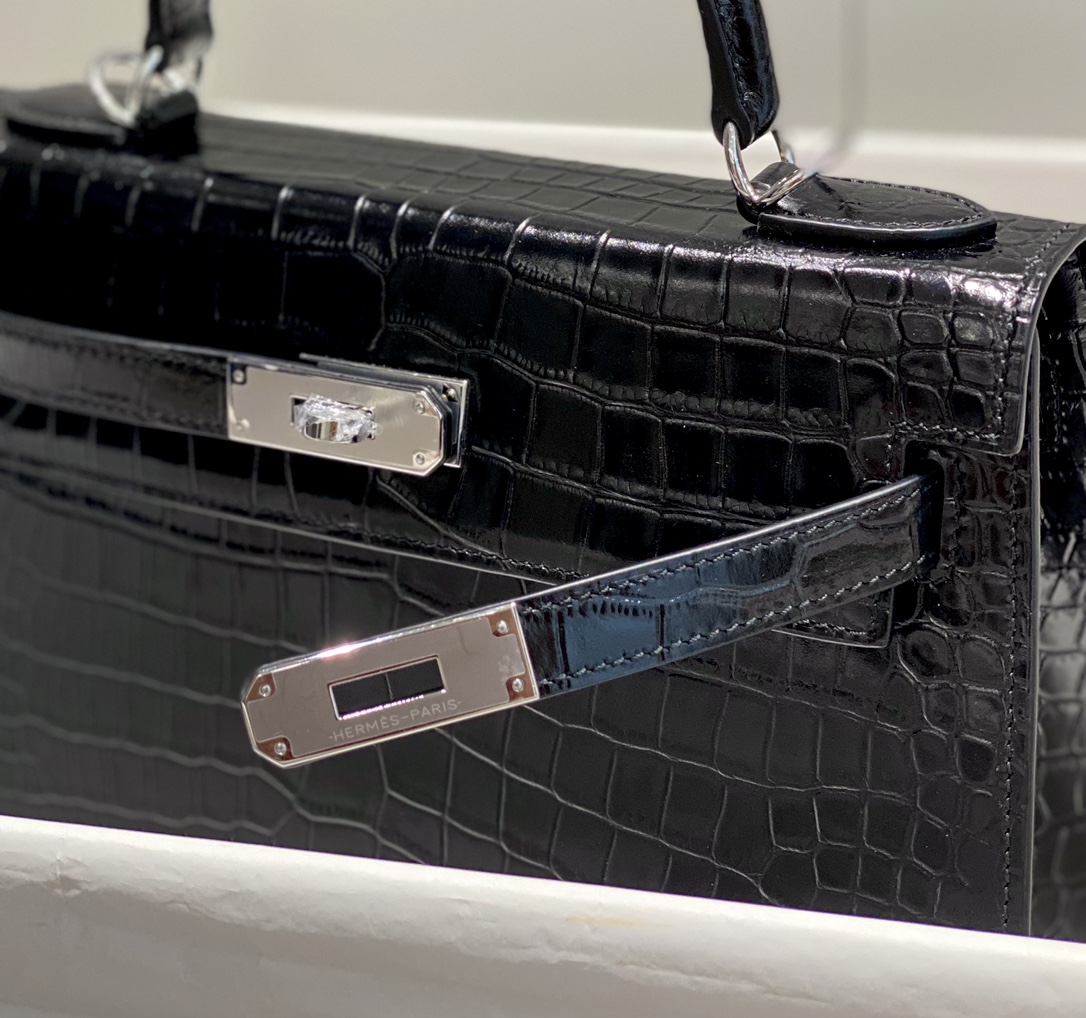 [TOP] HERMES Kelly Crocodile Printed Calfskin 25CM & 28CM - Black & SHW/GHW