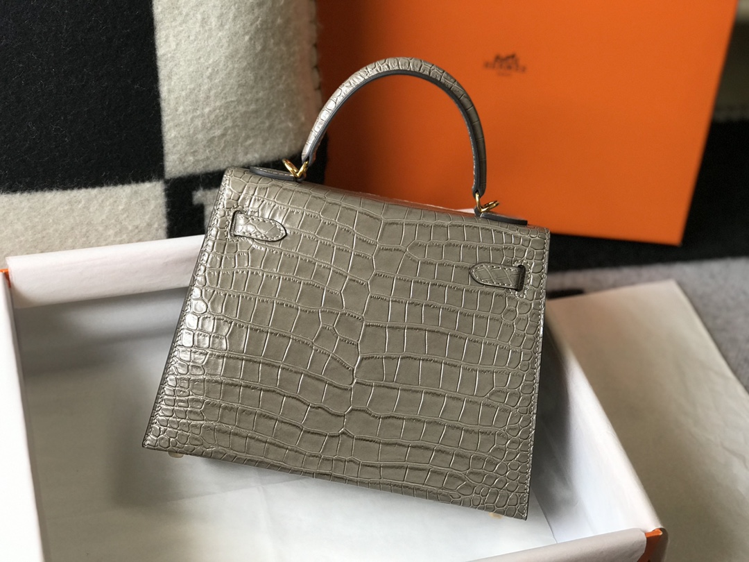 [TOP] HERMES Kelly Crocodile Printed Calfskin 25CM & 28CM - Elephant Grey & SHW