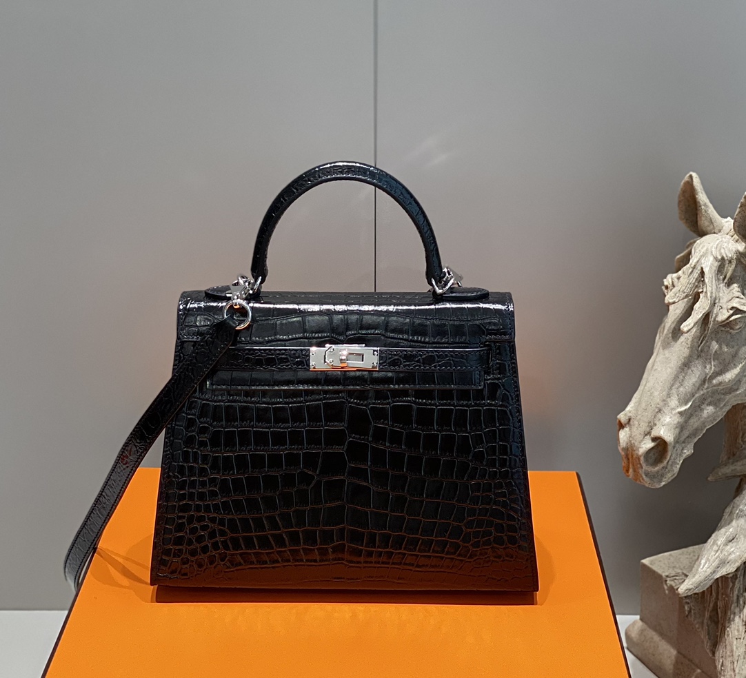 [TOP] HERMES Kelly Crocodile Printed Calfskin 25CM & 28CM - Black & SHW/GHW