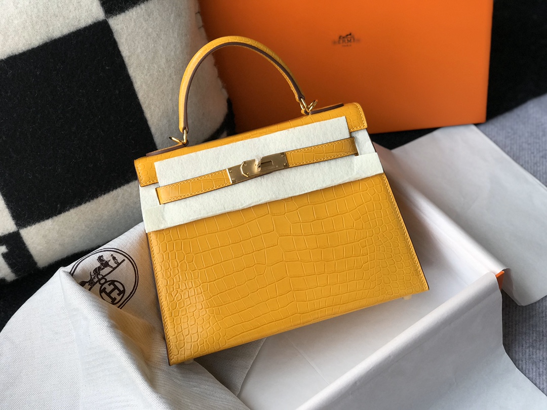 [TOP] HERMES Kelly Crocodile Printed Calfskin 25CM & 28CM - Yellow & SHW