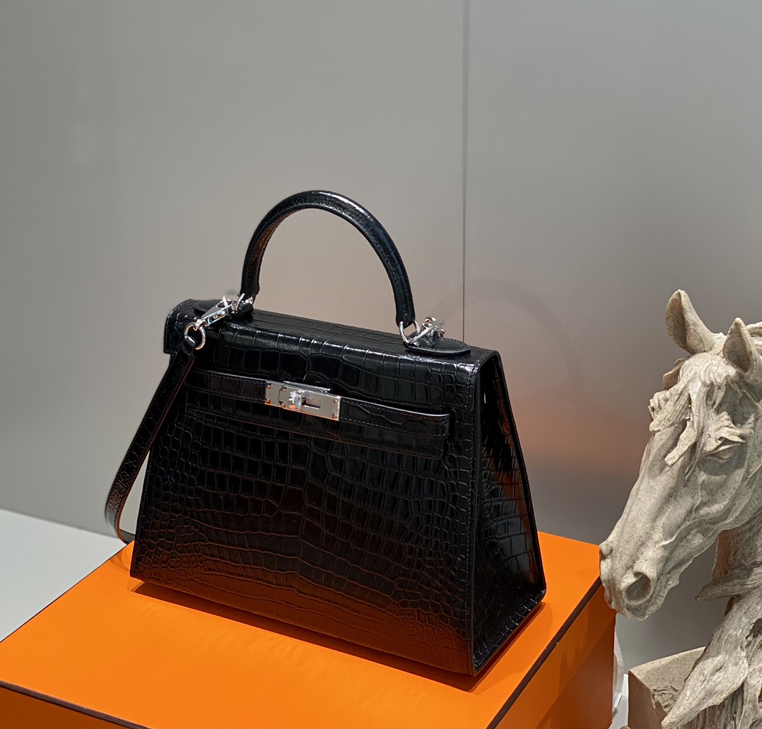 [TOP] HERMES Kelly Crocodile Printed Calfskin 25CM & 28CM - Black & SHW/GHW