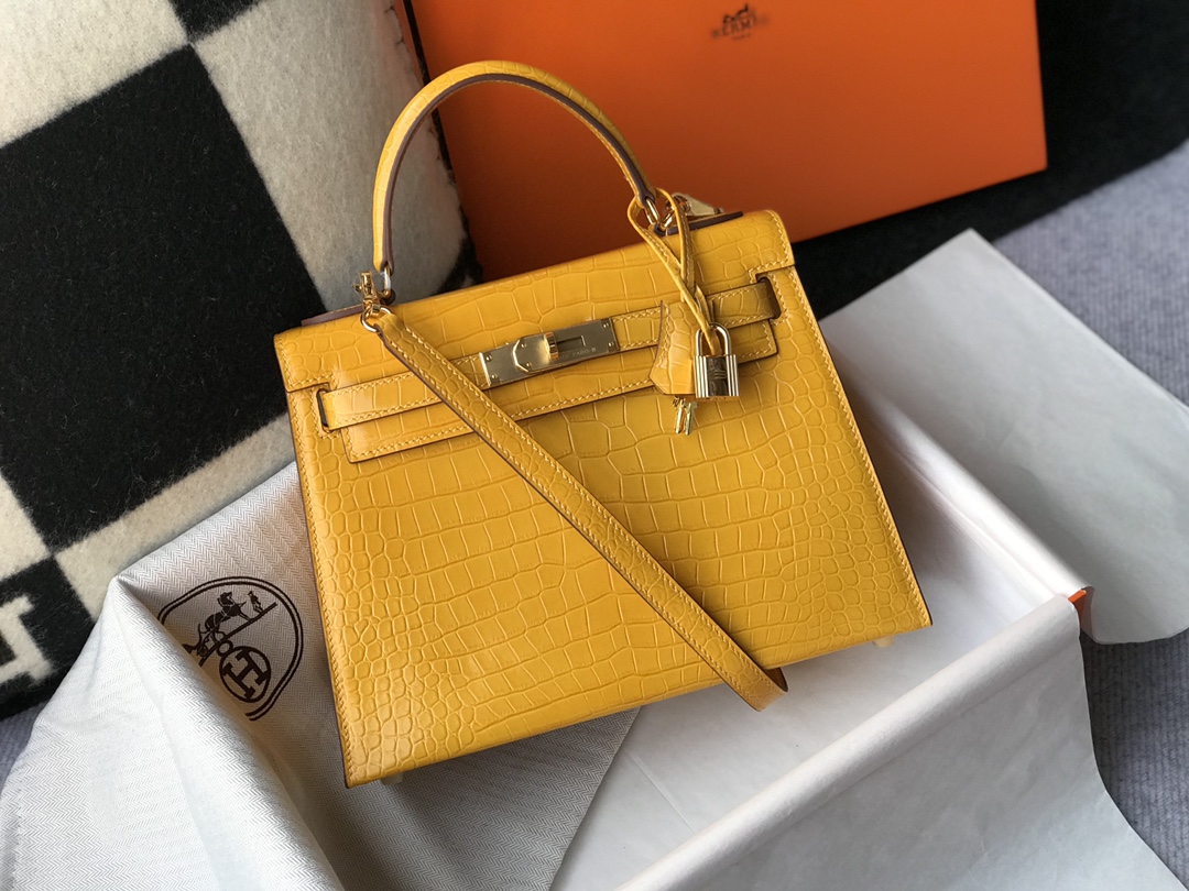 [TOP] HERMES Kelly Crocodile Printed Calfskin 25CM & 28CM - Yellow & SHW