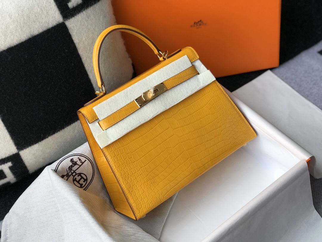 [TOP] HERMES Kelly Crocodile Printed Calfskin 25CM & 28CM - Yellow & SHW