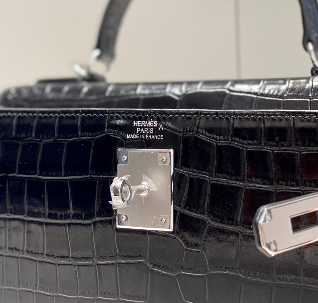 [TOP] HERMES Kelly Crocodile Printed Calfskin 25CM & 28CM - Black & SHW/GHW