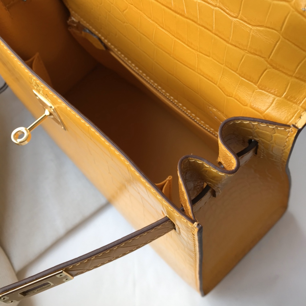 [TOP] HERMES Kelly Crocodile Printed Calfskin 25CM & 28CM - Yellow & SHW