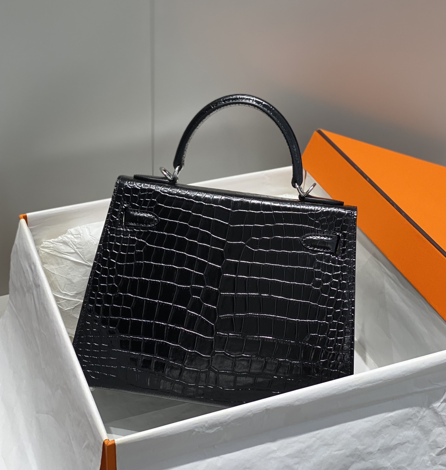 [TOP] HERMES Kelly Crocodile Printed Calfskin 25CM & 28CM - Black & SHW/GHW