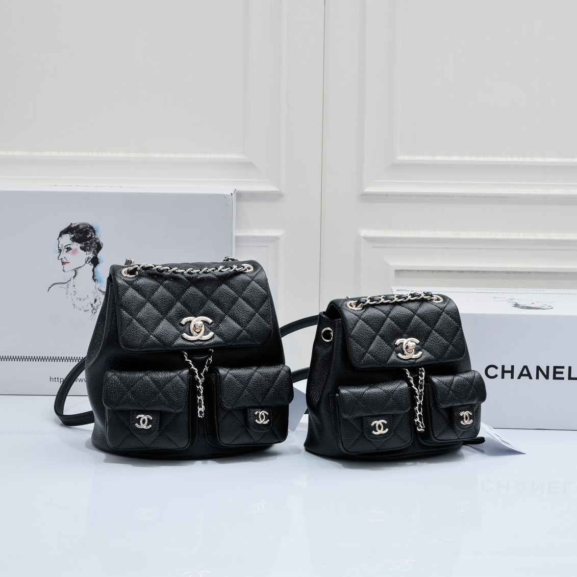 [TOP] CHANEL Duma Backpack Bag  Imported Fetal Cowhide - 17.5×16.5×10CM，21×20×12CM - SHW&Black