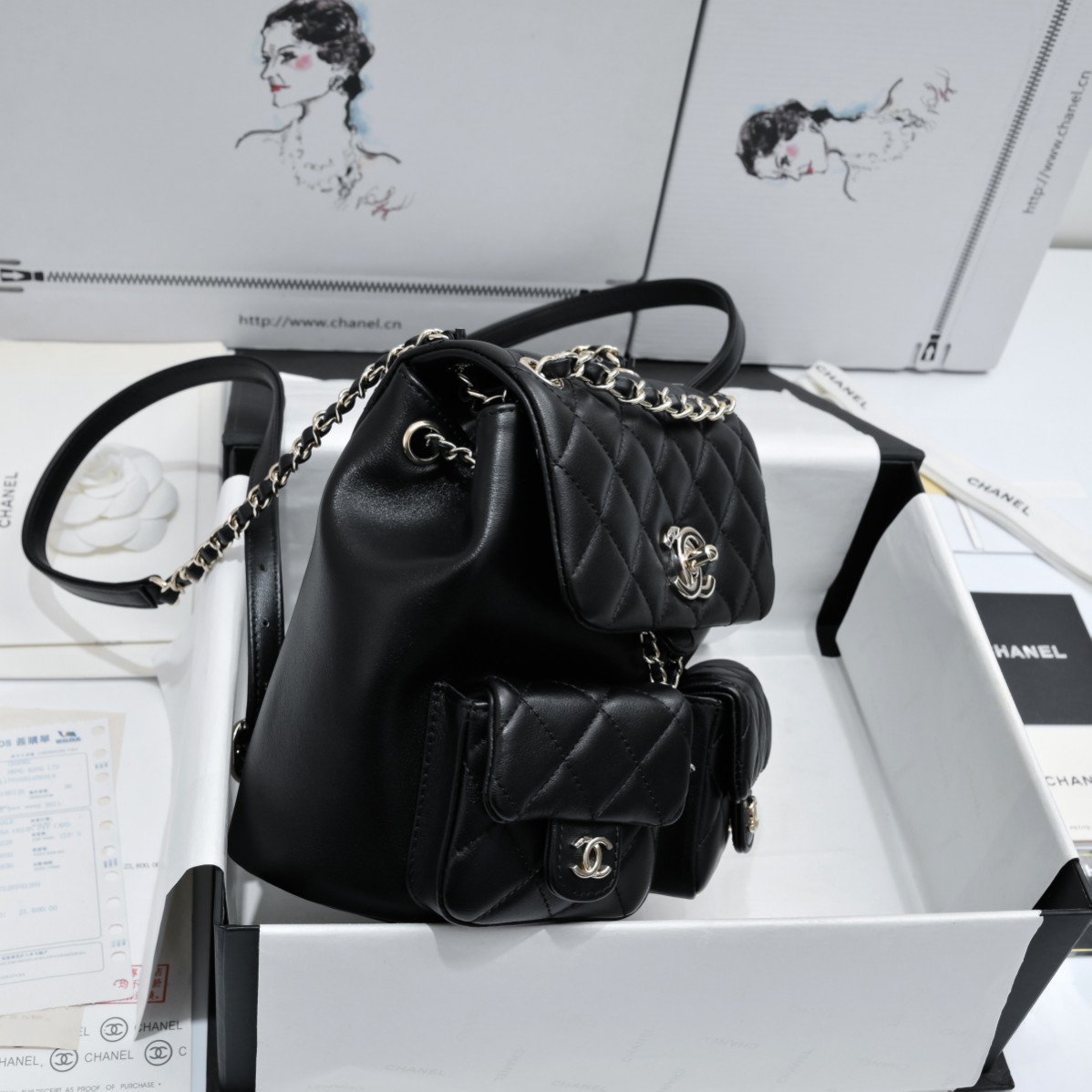 [TOP] CHANEL Duma Backpack Bag  Imported Fetal Cowhide - 17.5×16.5×10CM，21×20×12CM - SHW&Black