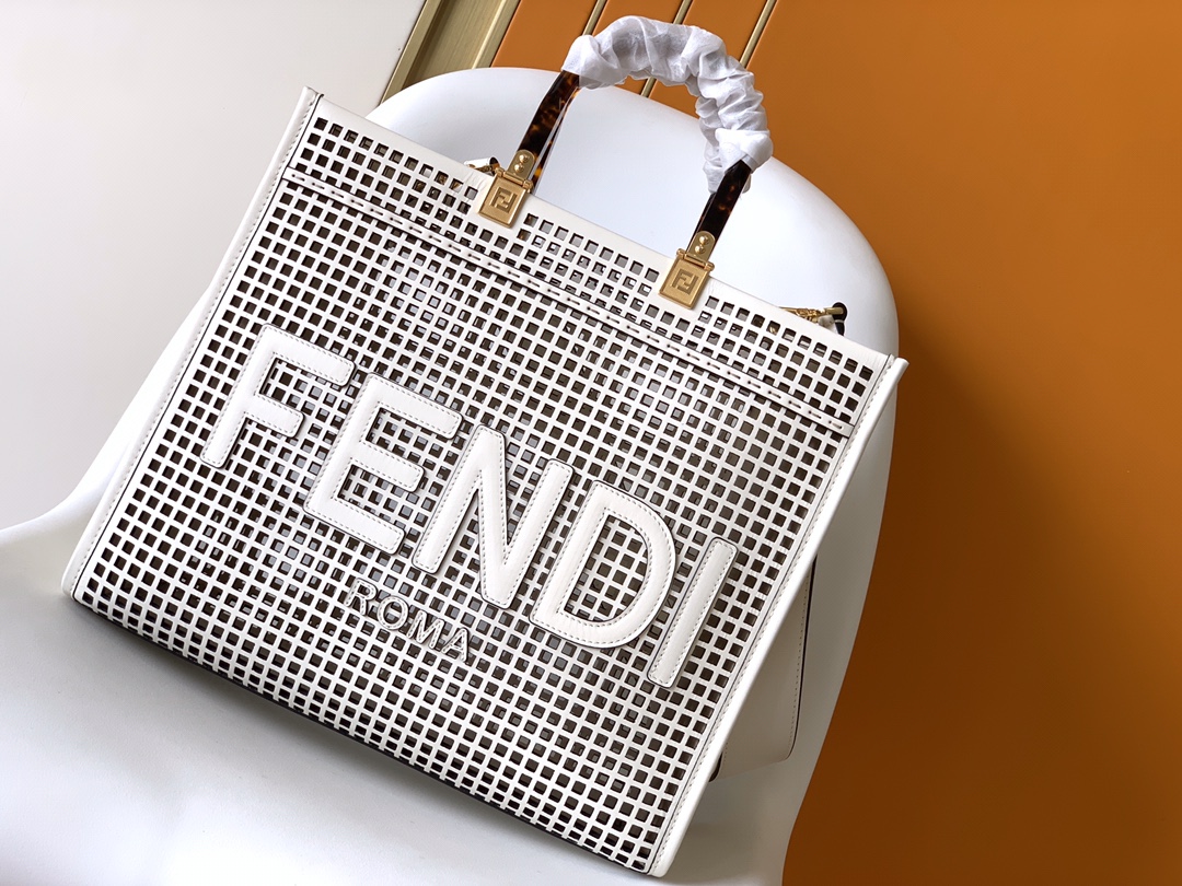 [TOP] FENDI Sunshine Shopper Hollowed Out Handbag 35x31x17 cm - White