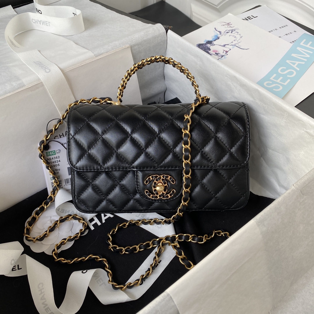 [TOP] CHANEL Black Diamond Handle Lambskin Bag 21CM - Black & GHW