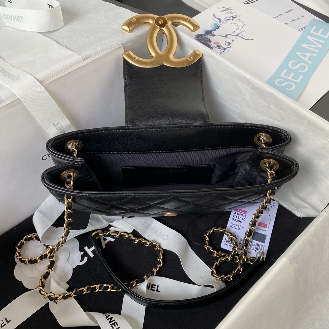 [TOP] CHANEL Retro Metal LOGO Lamb Leather Rhombus Bag 11.5×24×4.5cm - GHW&Black