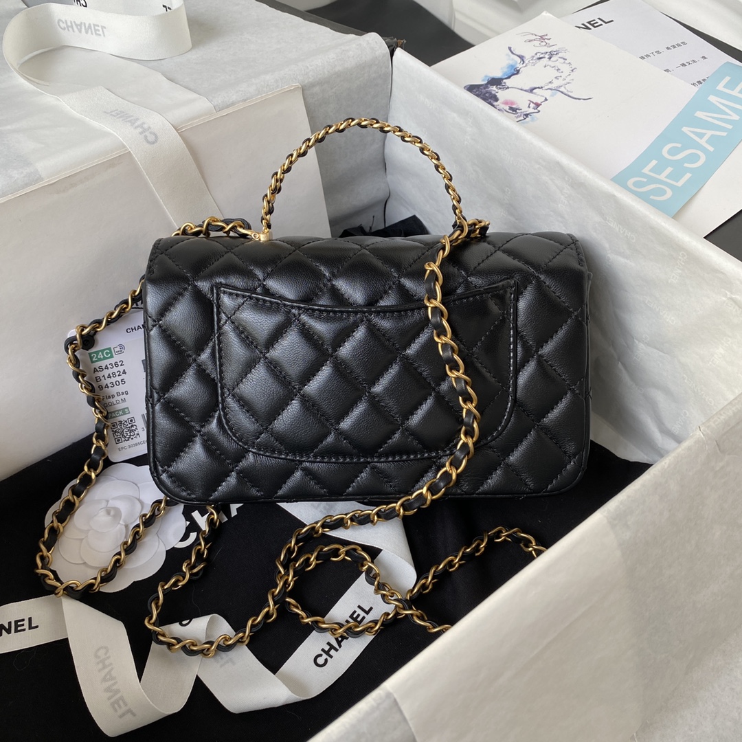 [TOP] CHANEL Black Diamond Handle Lambskin Bag 21CM - Black & GHW