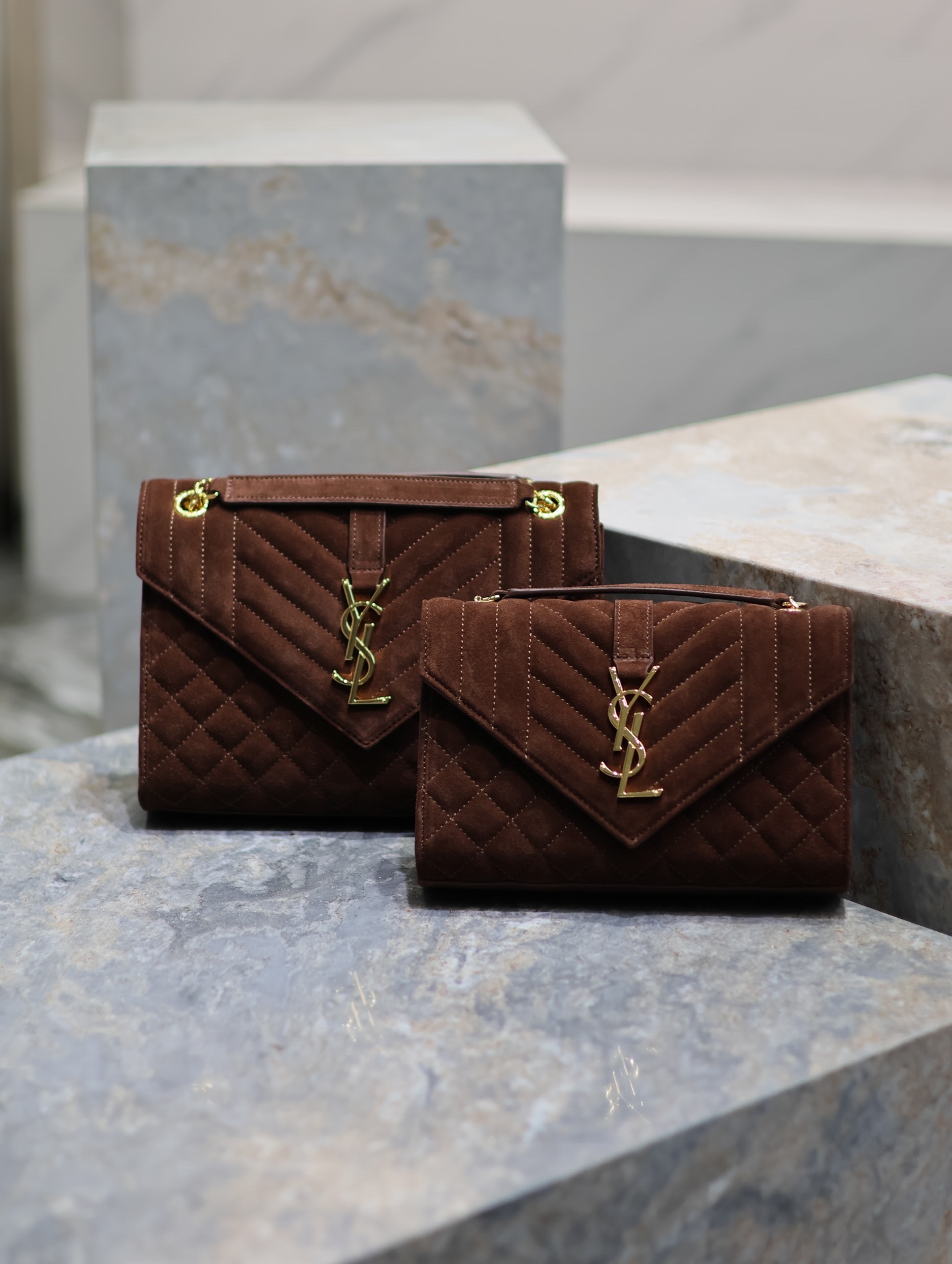 [TOP] Yves Saint Laurent YSL Envelope Chain Wallet Grain Leather - 2 Sizes - Reddish Brown - GHW