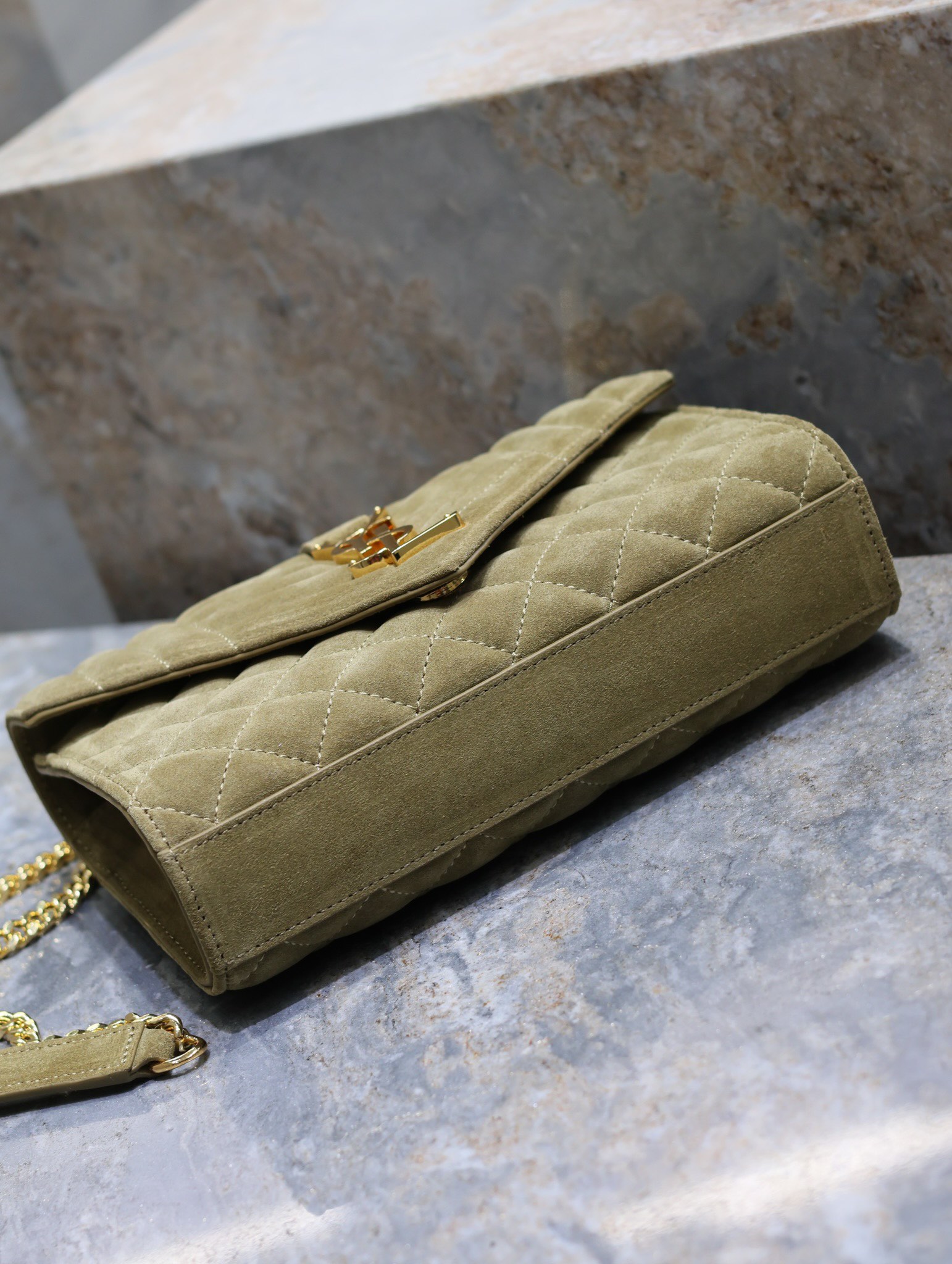 [TOP] Yves Saint Laurent YSL Envelope Chain Wallet Grain Leather - 2 Sizes - Army Green - GHW