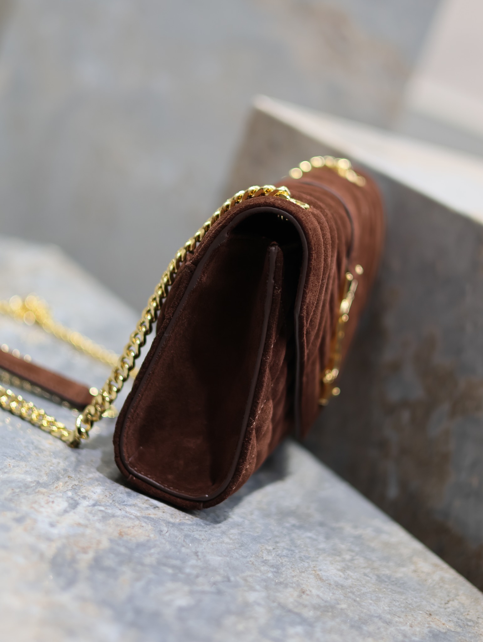 [TOP] Yves Saint Laurent YSL Envelope Chain Wallet Grain Leather - 2 Sizes - Reddish Brown - GHW