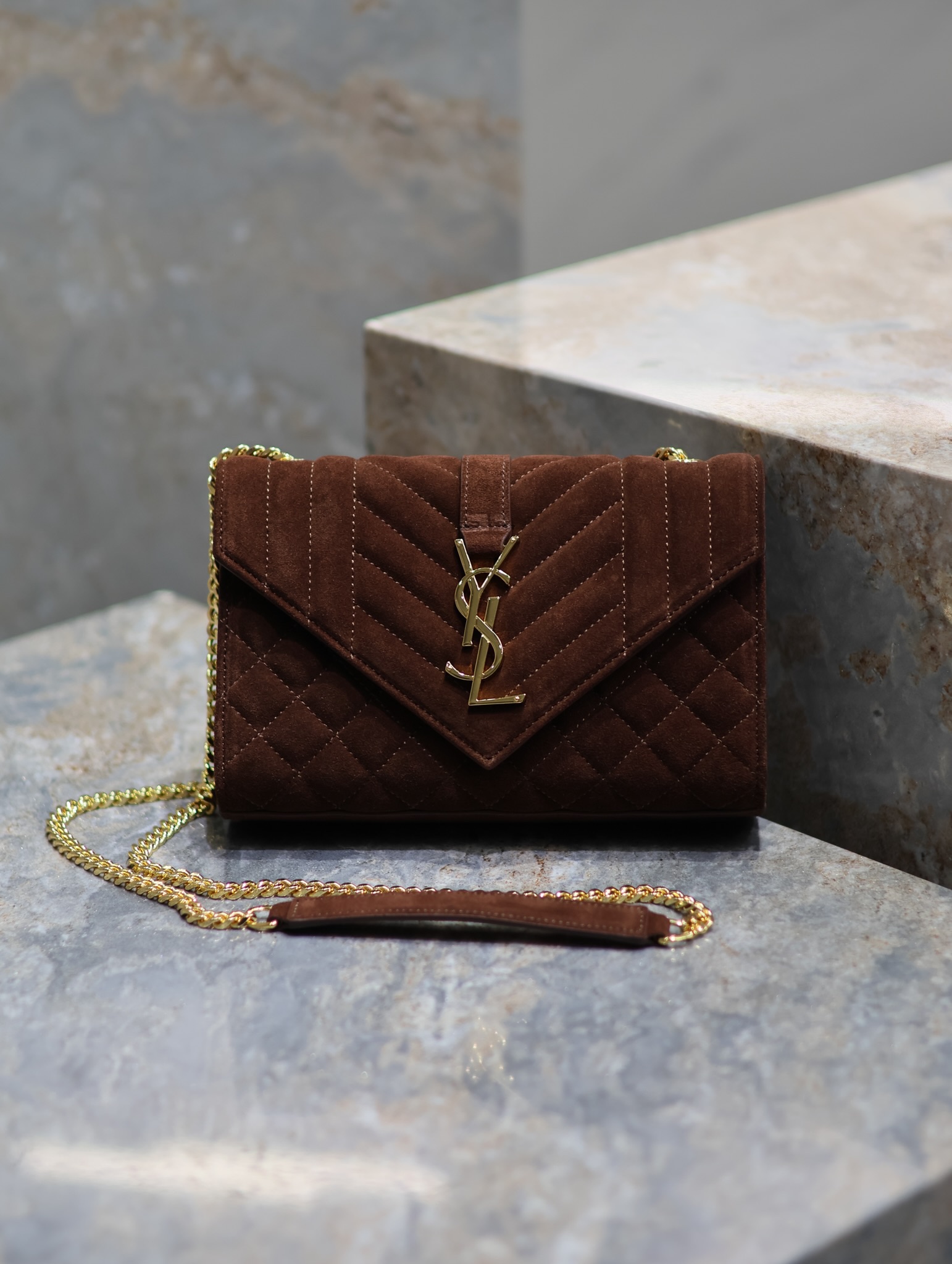 [TOP] Yves Saint Laurent YSL Envelope Chain Wallet Grain Leather - 2 Sizes - Reddish Brown - GHW