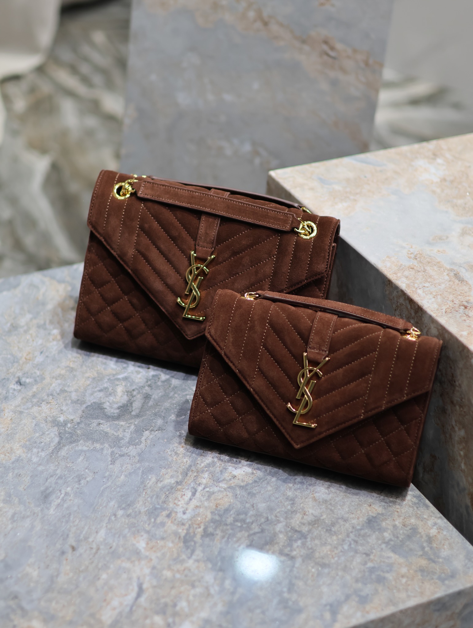 [TOP] Yves Saint Laurent YSL Envelope Chain Wallet Grain Leather - 2 Sizes - Reddish Brown - GHW