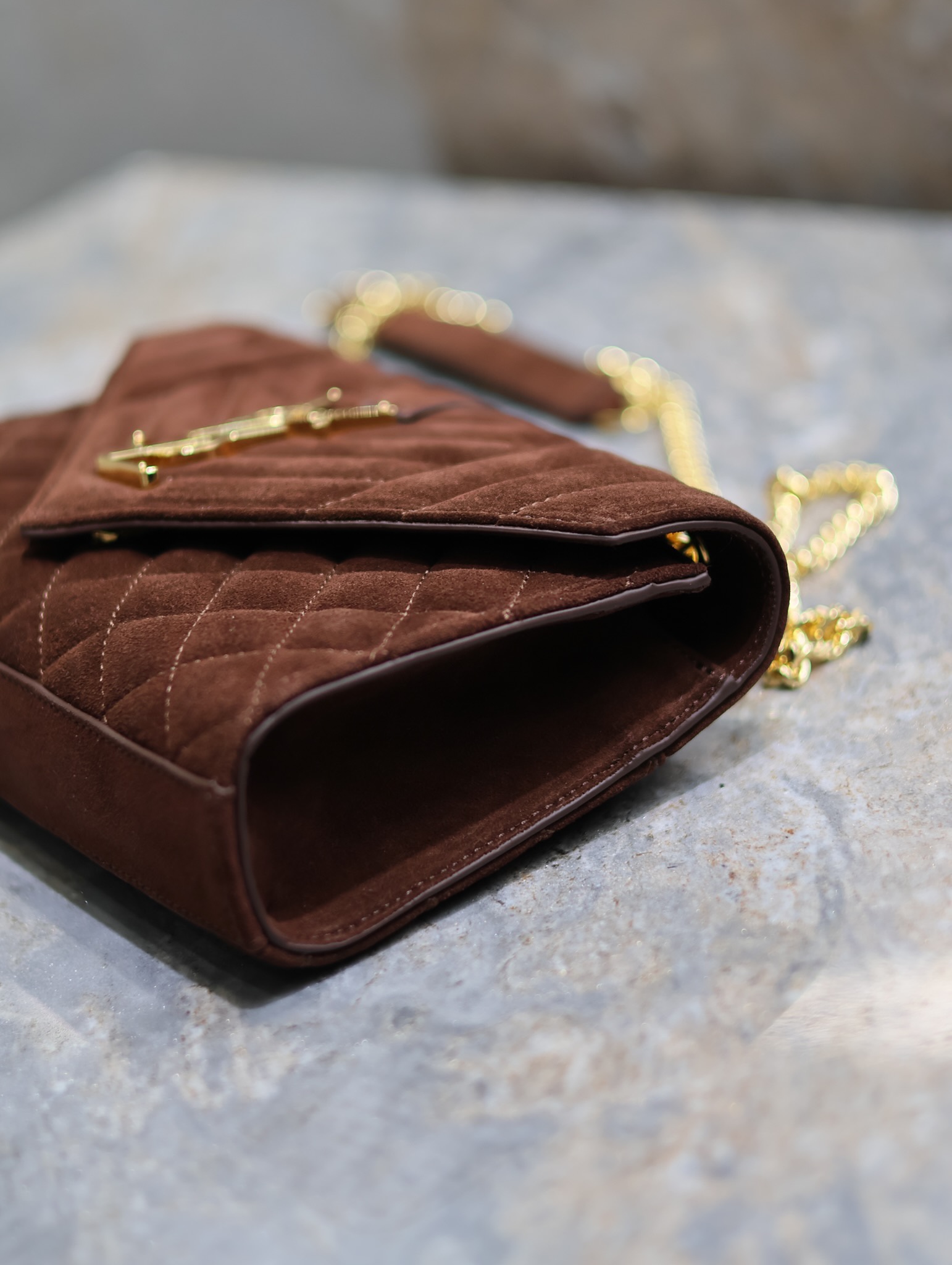 [TOP] Yves Saint Laurent YSL Envelope Chain Wallet Grain Leather - 2 Sizes - Reddish Brown - GHW