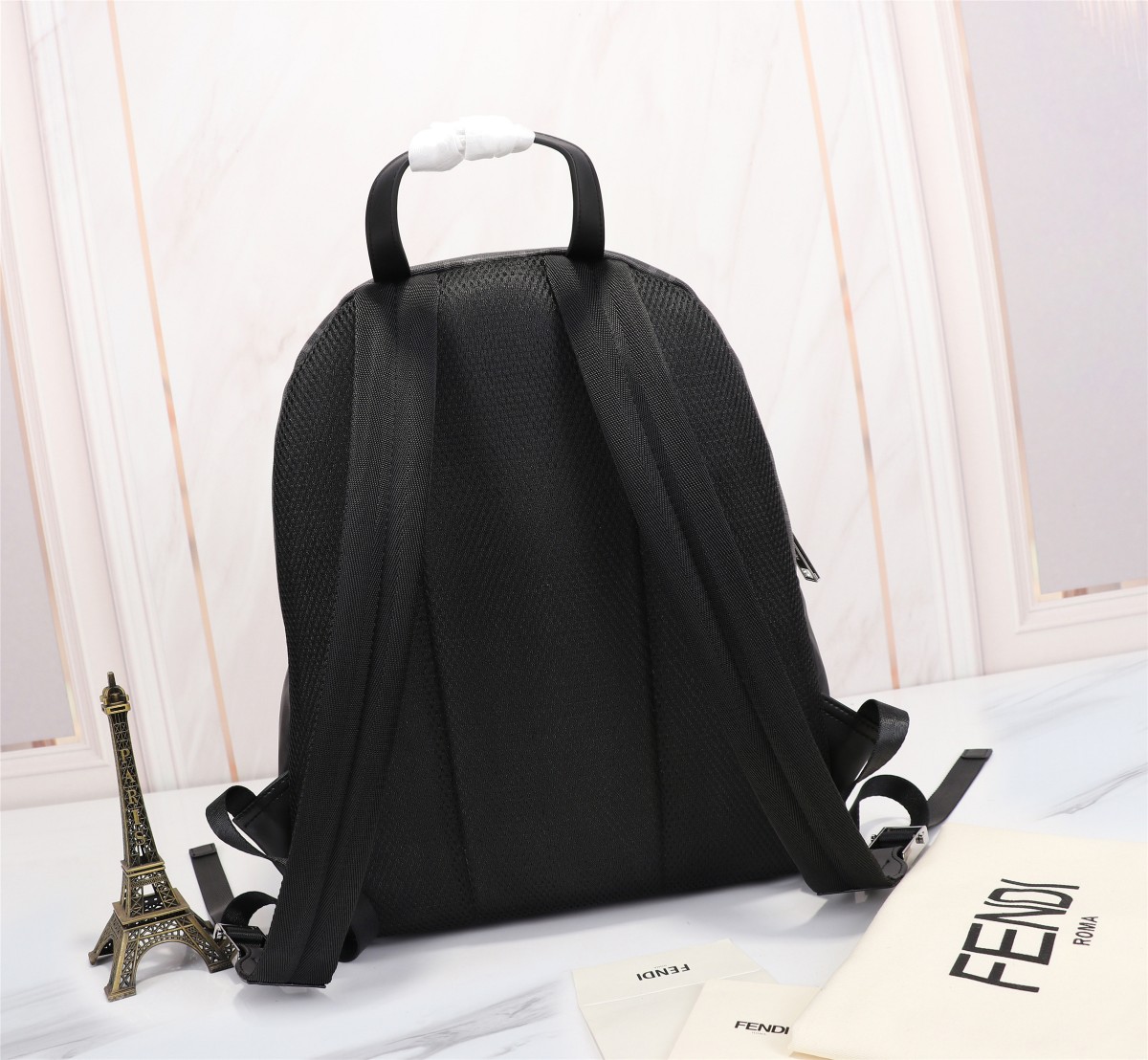 [TOP] FENDI Nylon stitching black leather backpack - 34×38×14cm - Black