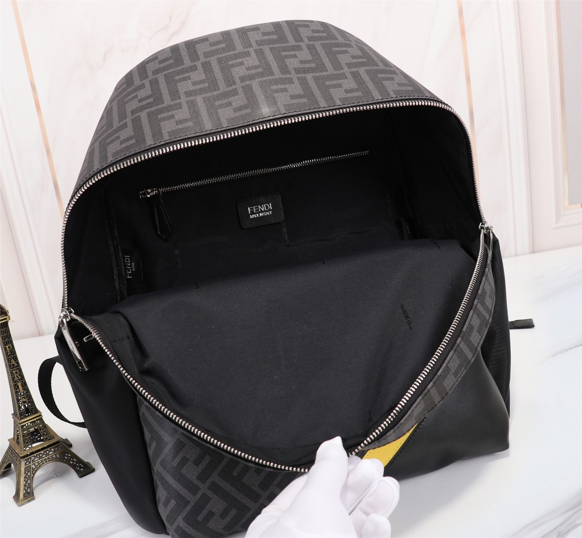 [TOP] FENDI Nylon stitching black leather backpack - 34×38×14cm - Black