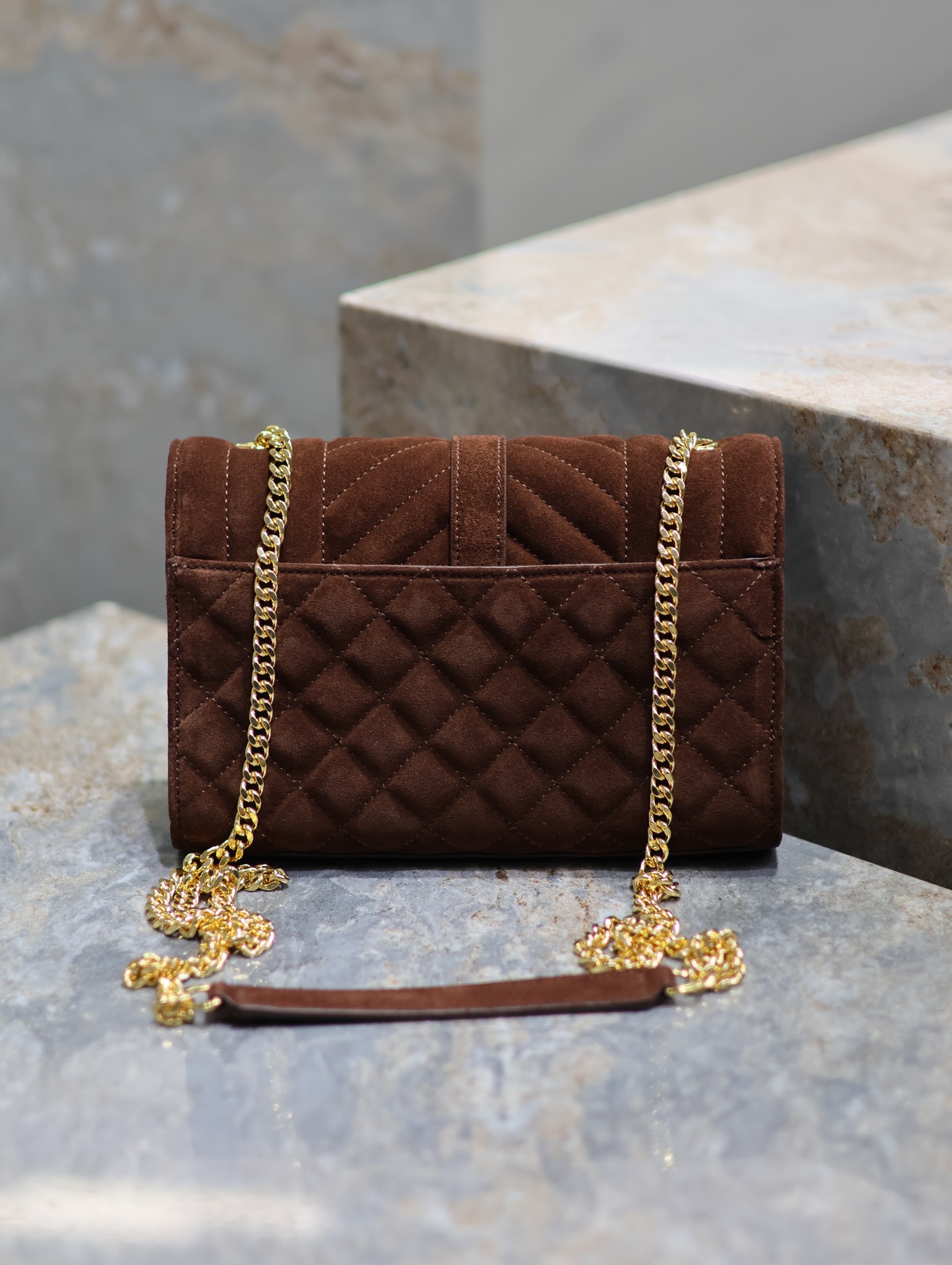 [TOP] Yves Saint Laurent YSL Envelope Chain Wallet Grain Leather - 2 Sizes - Reddish Brown - GHW