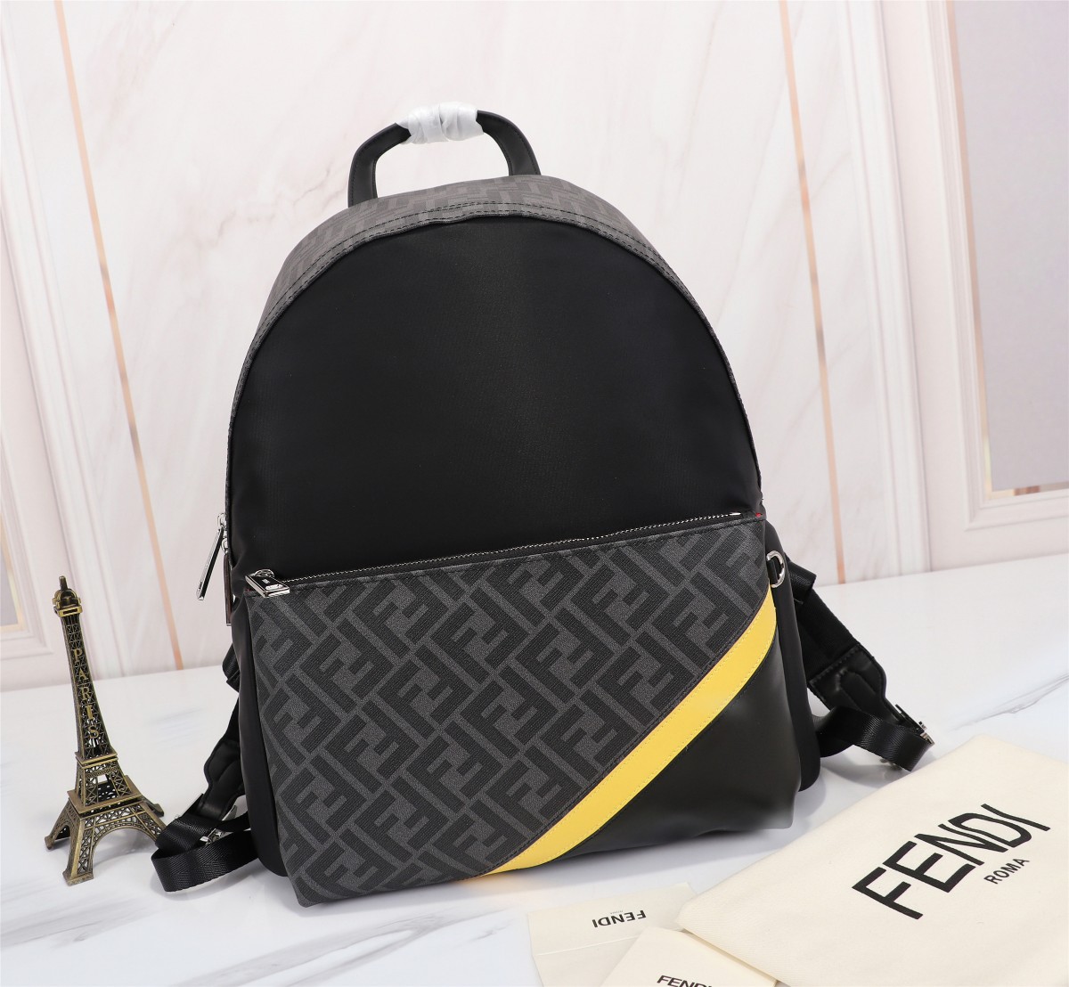 [TOP] FENDI Nylon stitching black leather backpack - 34×38×14cm - Black