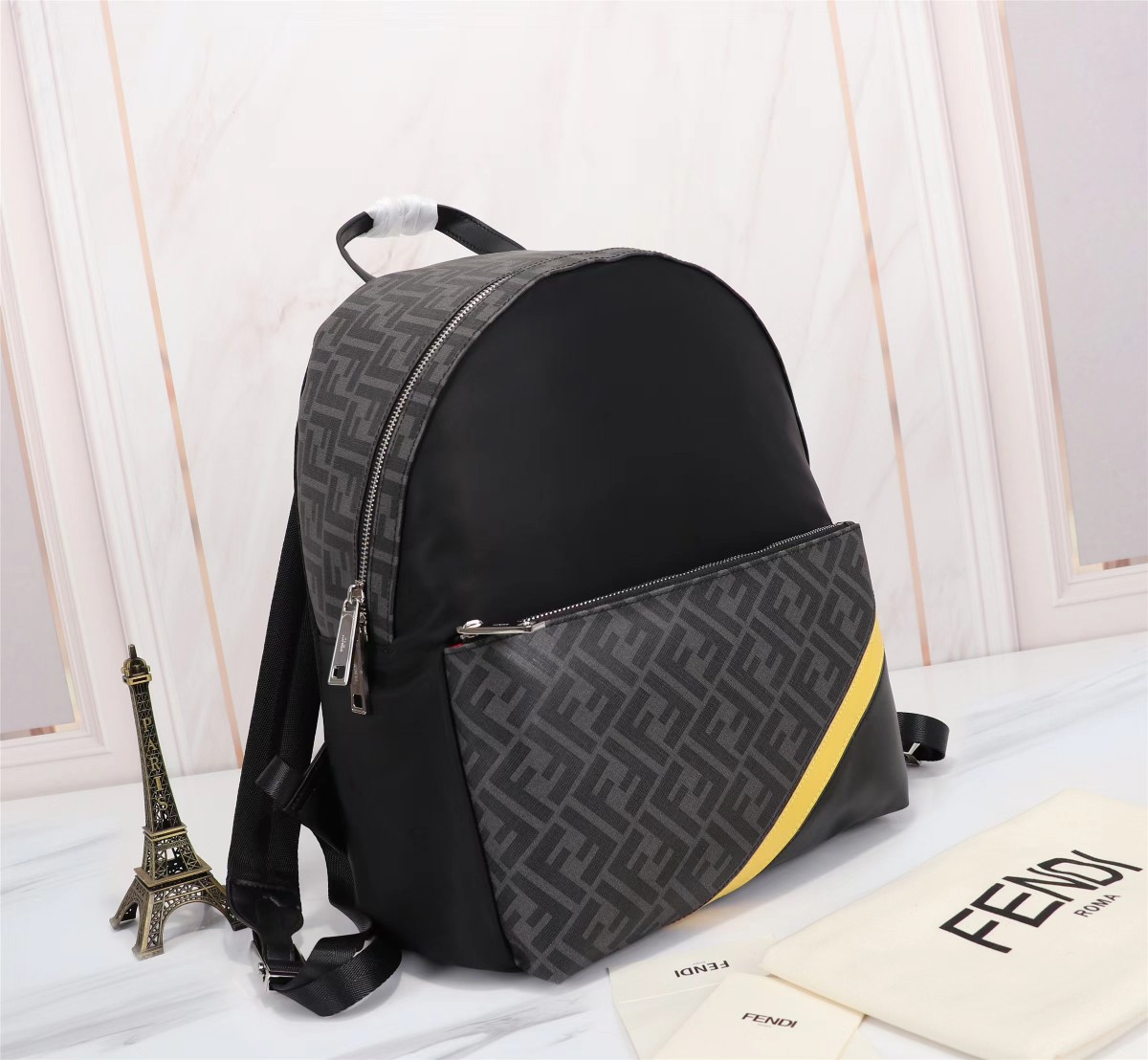 [TOP] FENDI Nylon stitching black leather backpack - 34×38×14cm - Black