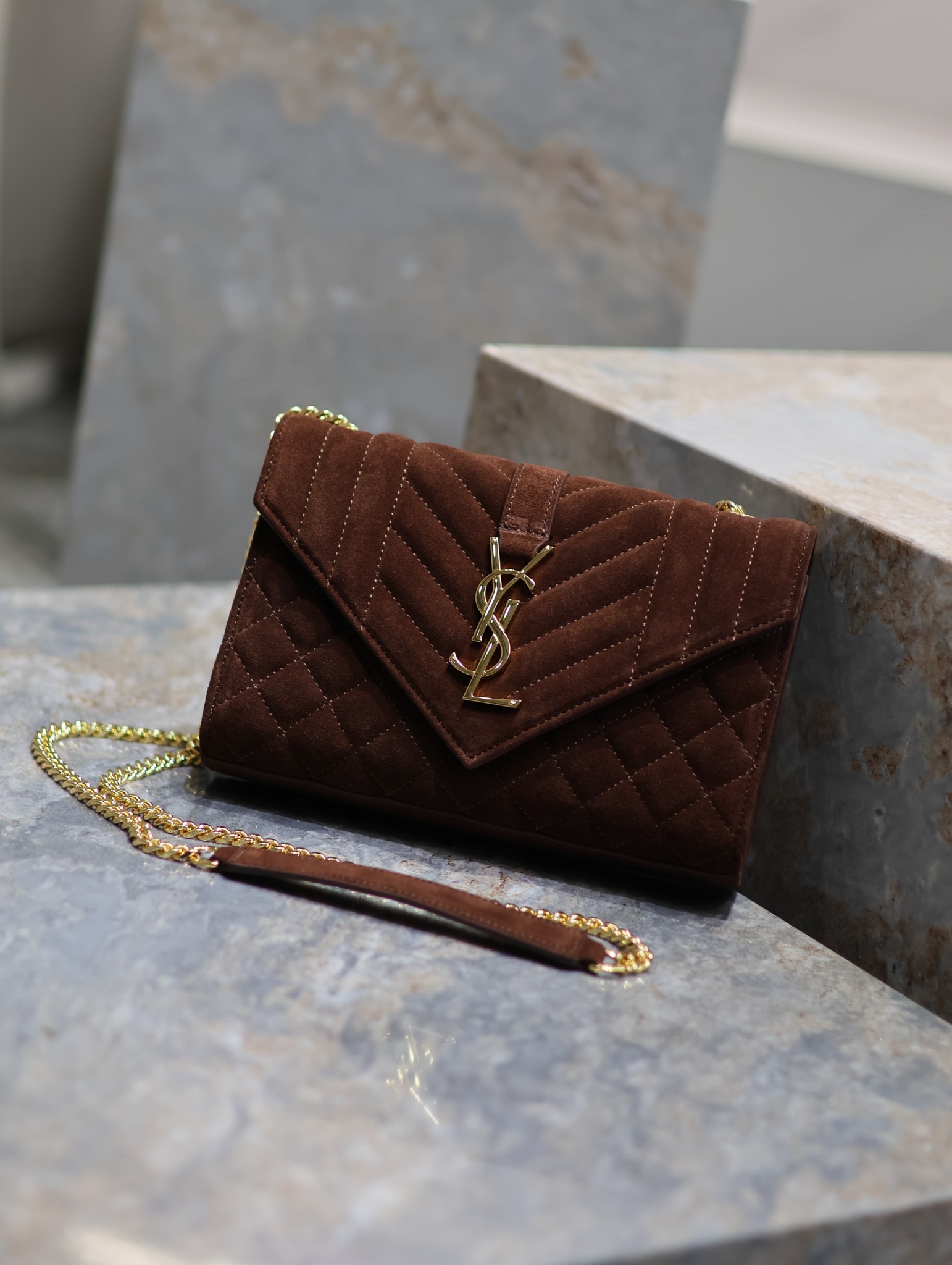 [TOP] Yves Saint Laurent YSL Envelope Chain Wallet Grain Leather - 2 Sizes - Reddish Brown - GHW