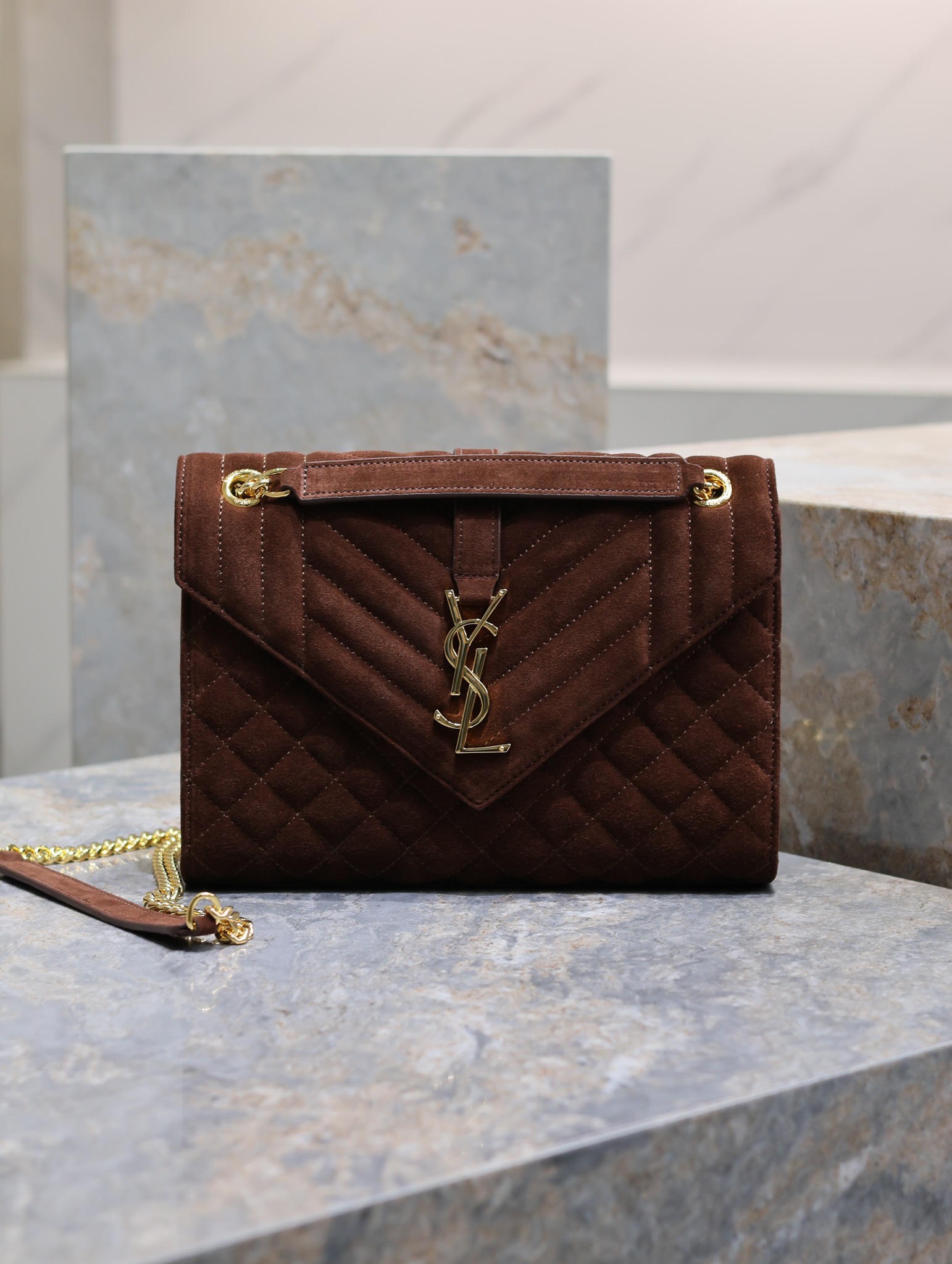 [TOP] Yves Saint Laurent YSL Envelope Chain Wallet Grain Leather - 2 Sizes - Reddish Brown - GHW