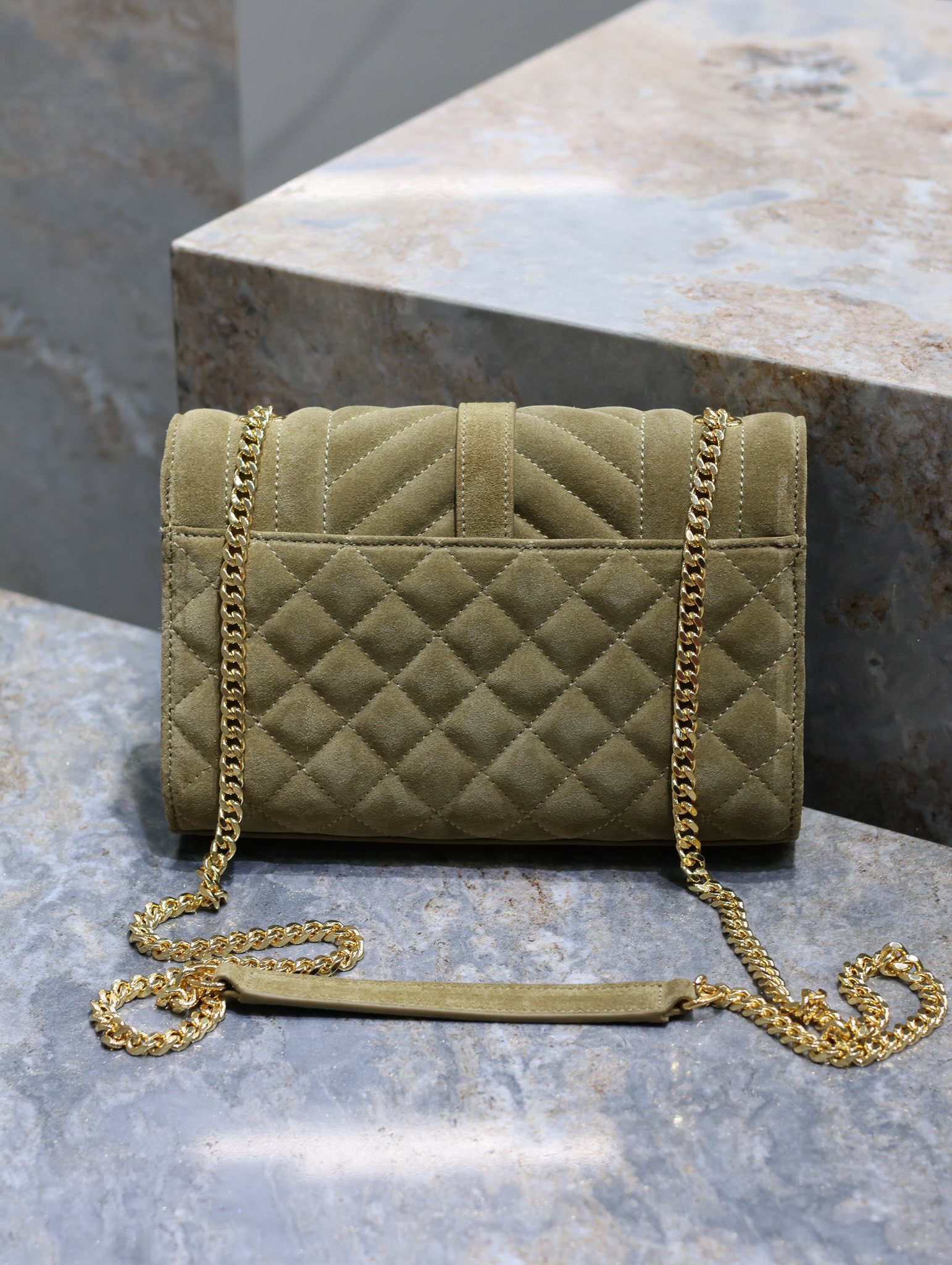 [TOP] Yves Saint Laurent YSL Envelope Chain Wallet Grain Leather - 2 Sizes - Army Green - GHW