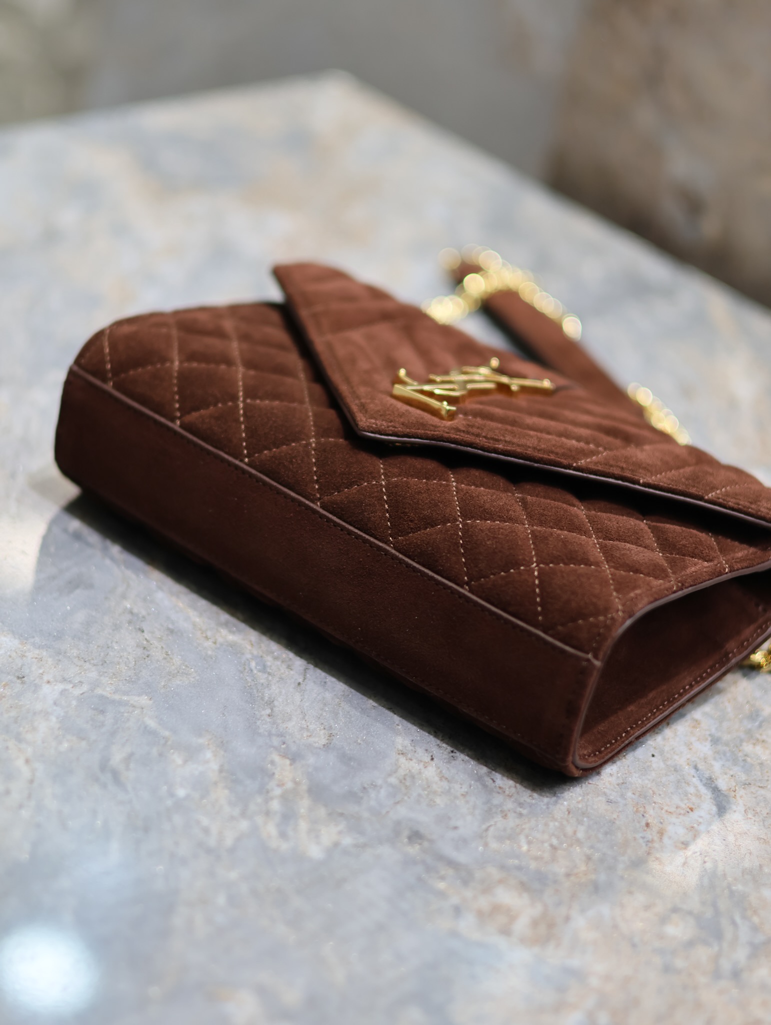 [TOP] Yves Saint Laurent YSL Envelope Chain Wallet Grain Leather - 2 Sizes - Reddish Brown - GHW
